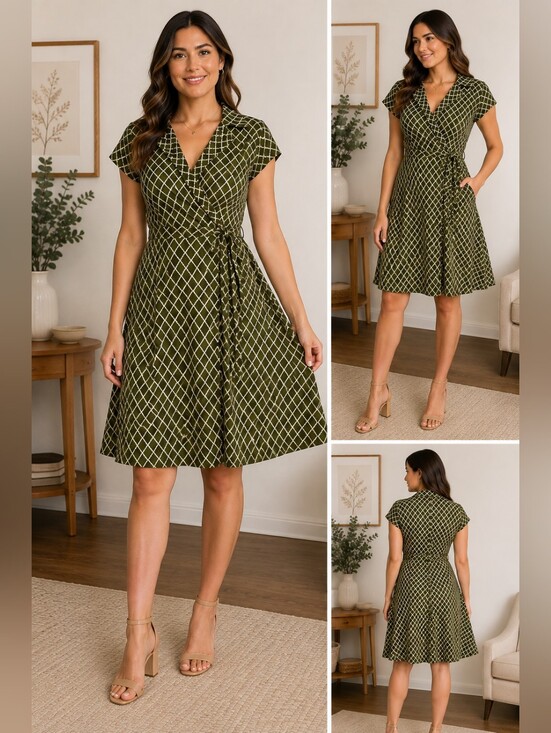 Donna Ricco Dresses & Skirts - Donna Ricco Olive Grid Wrap Dress